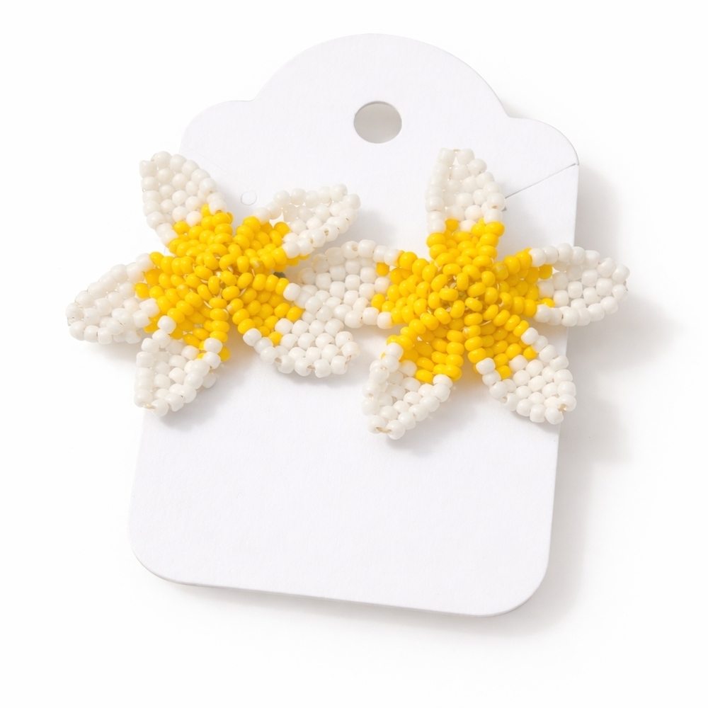 Beaded Plumeria Flower Earrings - Yellow & White